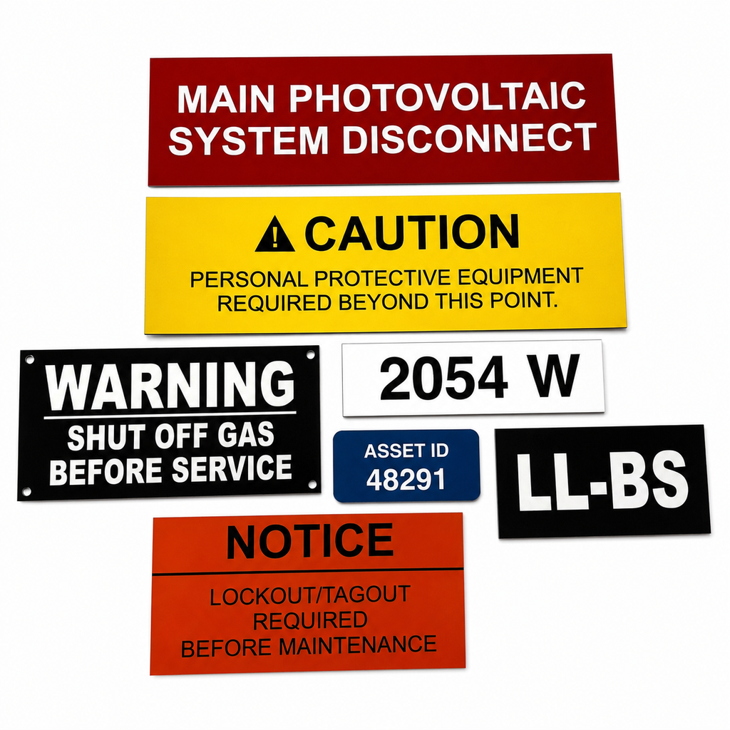 Collection of safety signs with various messages on a white background