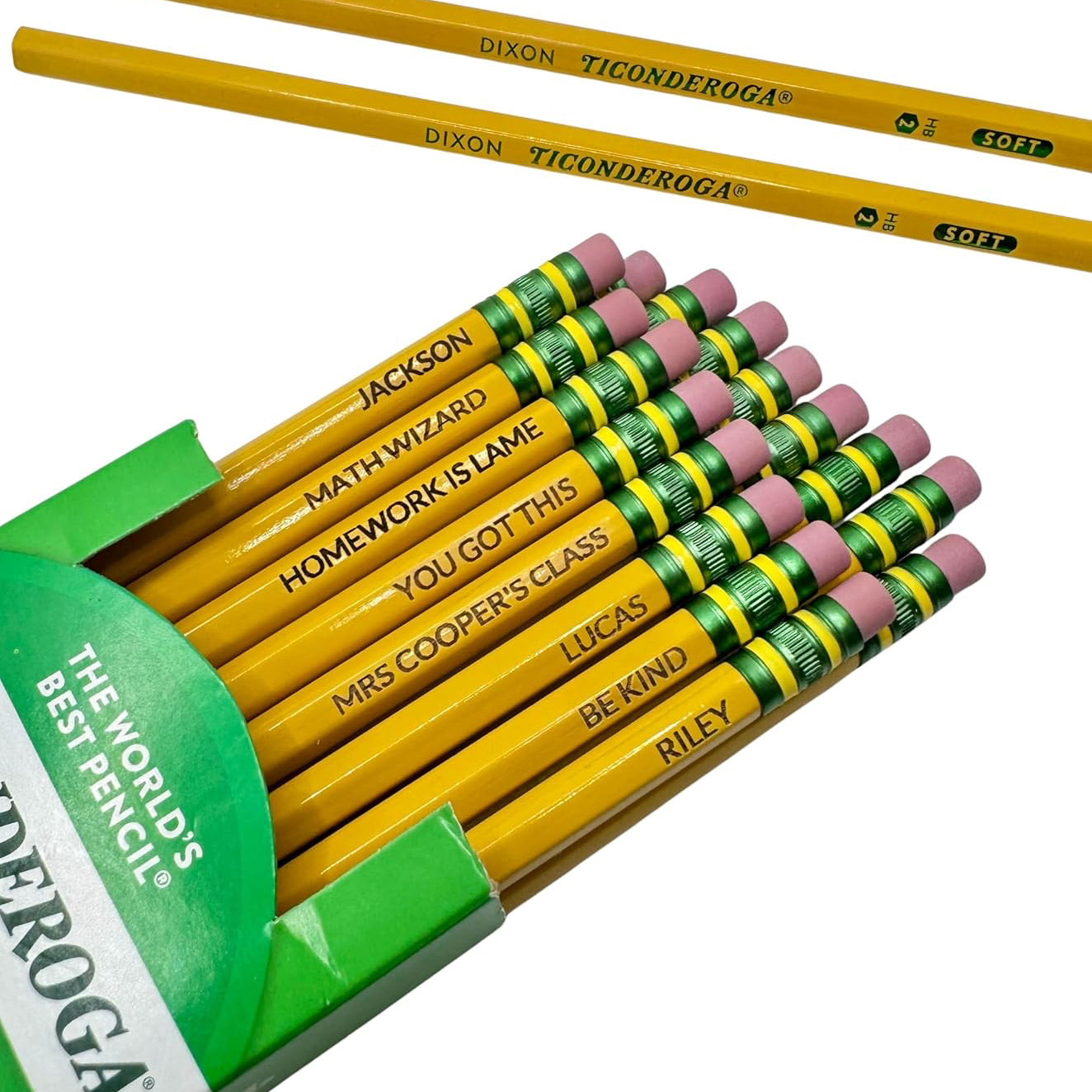 Ticonderoga pencils with personalized names on a white background