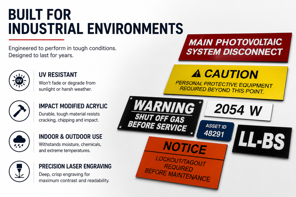 Industrial warning signs with text and icons on a white background