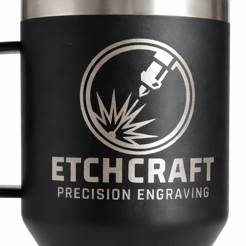 Black YETI mug with Etchcraft Precision Engraving logo on a white background