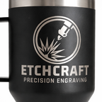 Black YETI mug with Etchcraft Precision Engraving logo on a white background