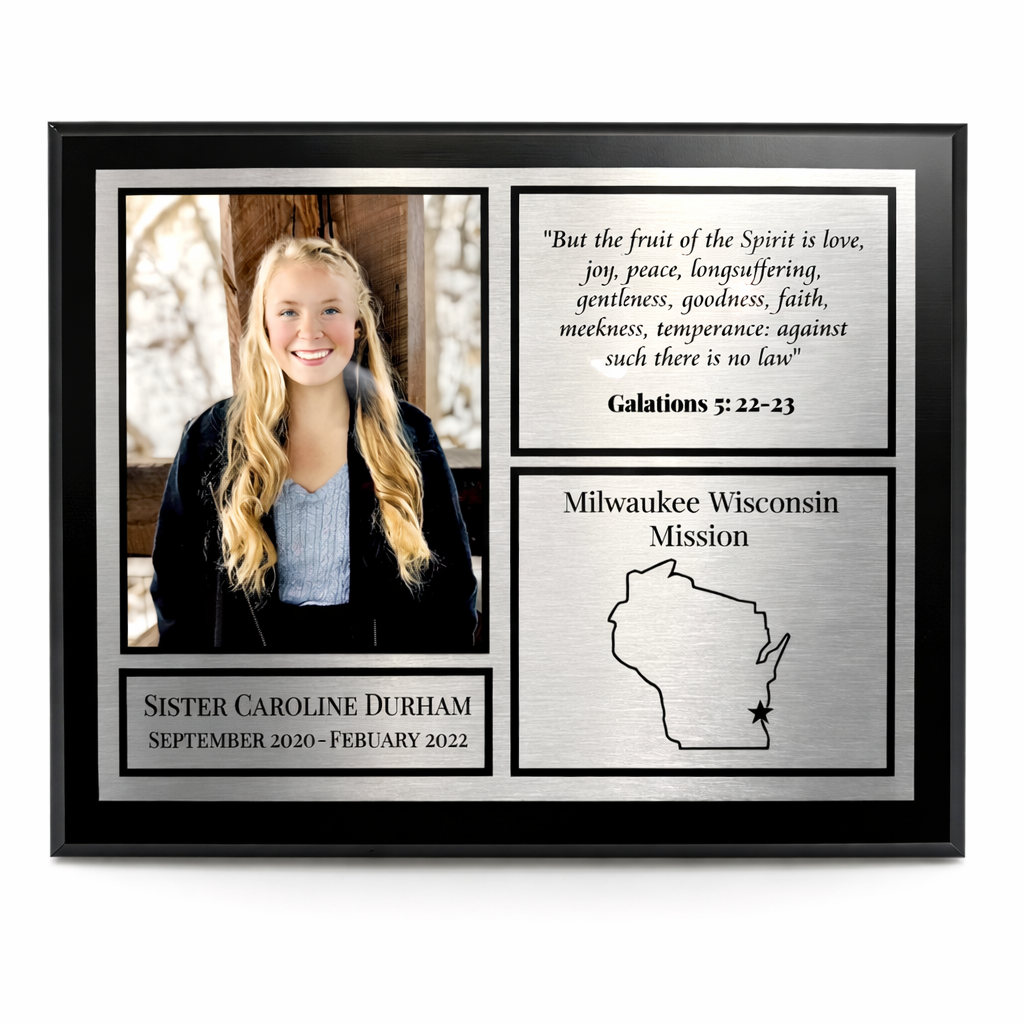 Framed portrait of a young woman with text and map details on a white background