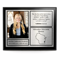 Framed portrait of a young woman with text and map details on a white background