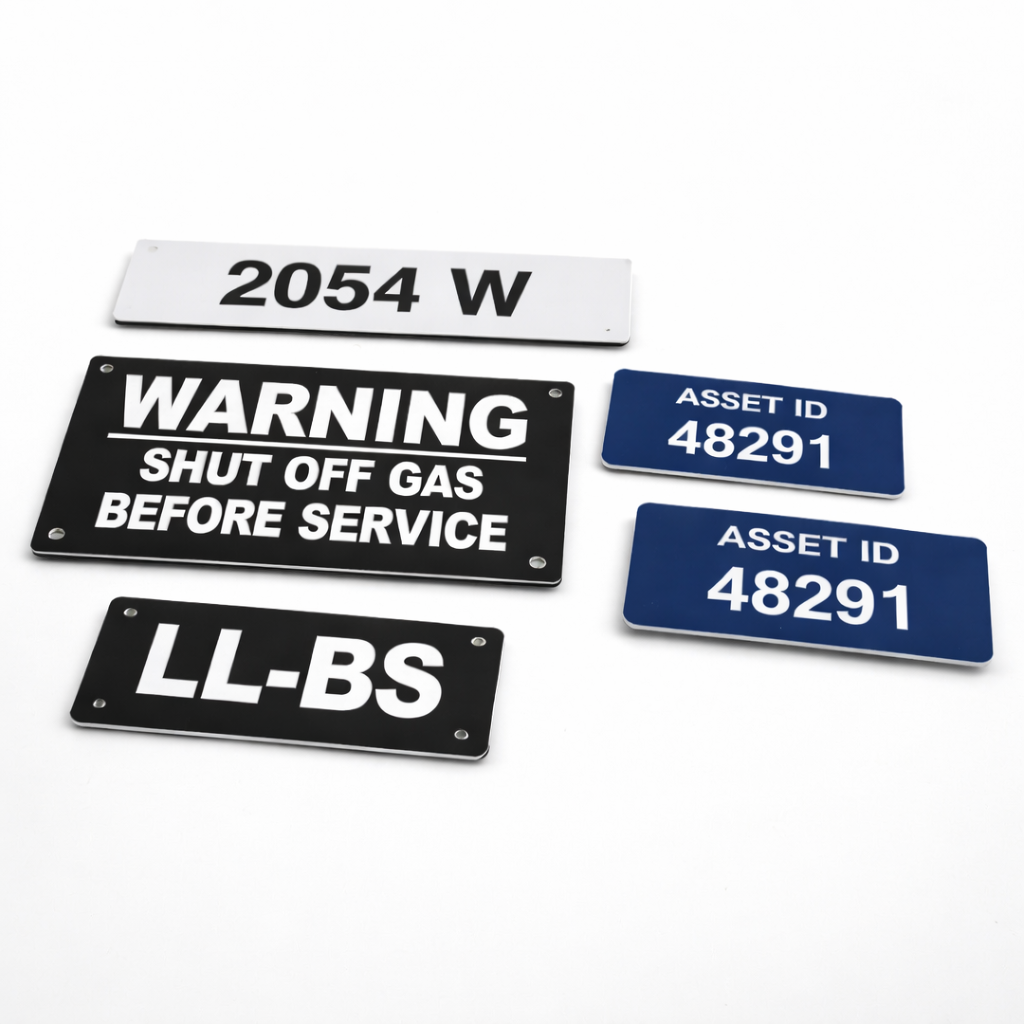 Set of warning and asset ID signs on a white background