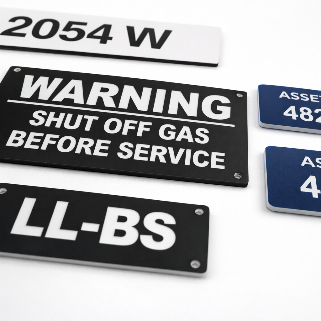 Collection of various warning and identification signs on a white background