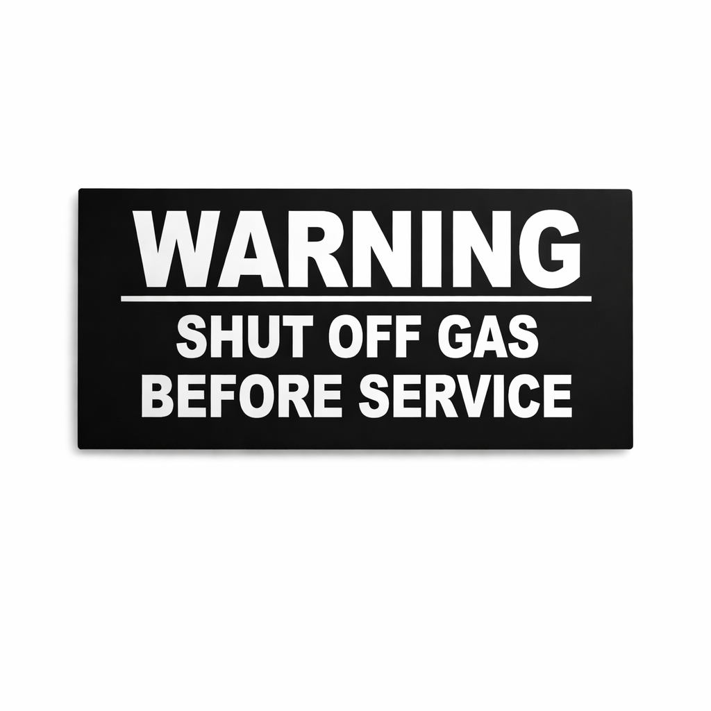 Black and white warning sign with text 'WARNING SHUT OFF GAS BEFORE SERVICE' on a white background