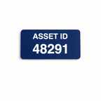 Blue asset tag with white text 'ASSET ID 48291' on a white background