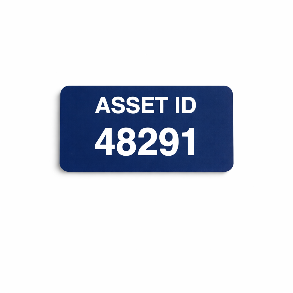 Blue asset tag with white text 'ASSET ID 48291' on a white background
