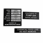 Set of black nameplates with white text on a white background