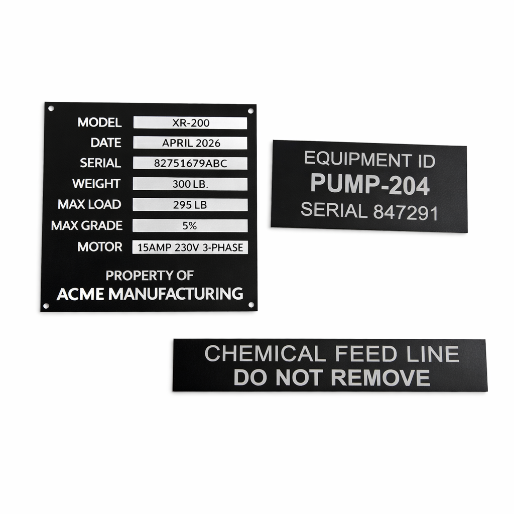 Set of black nameplates with white text on a white background