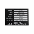 Technical specifications label for a product with model details on a white background