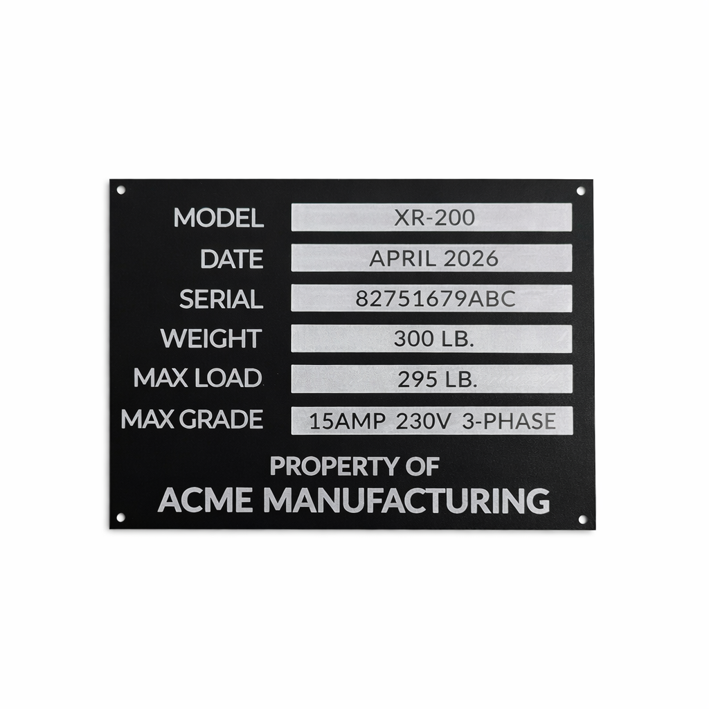 Technical specifications label for a product with model details on a white background