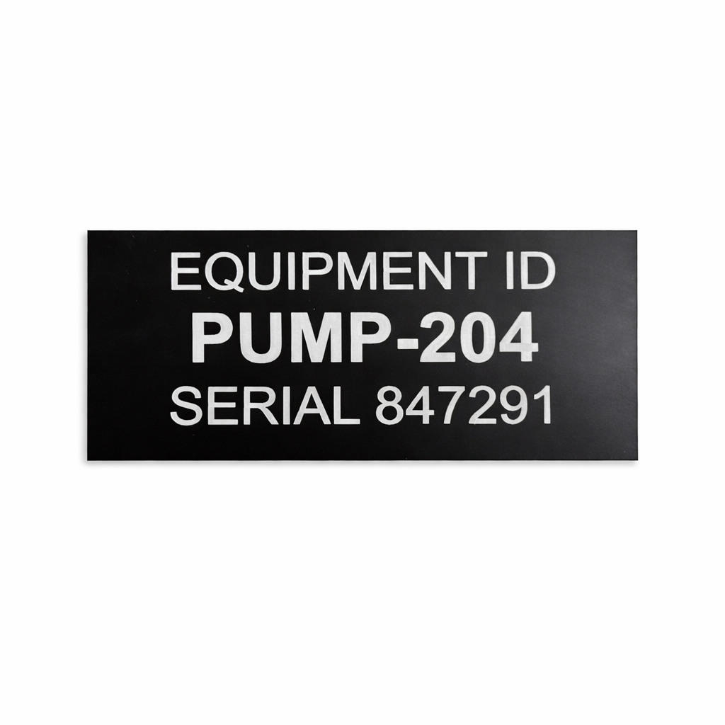 Black rectangular label with white text 'EQUIPMENT ID PUMP-204 SERIAL 847291' on a white background