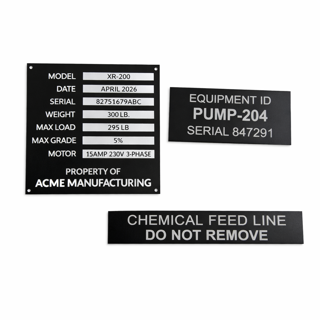 Three black and white informational signs on a white background