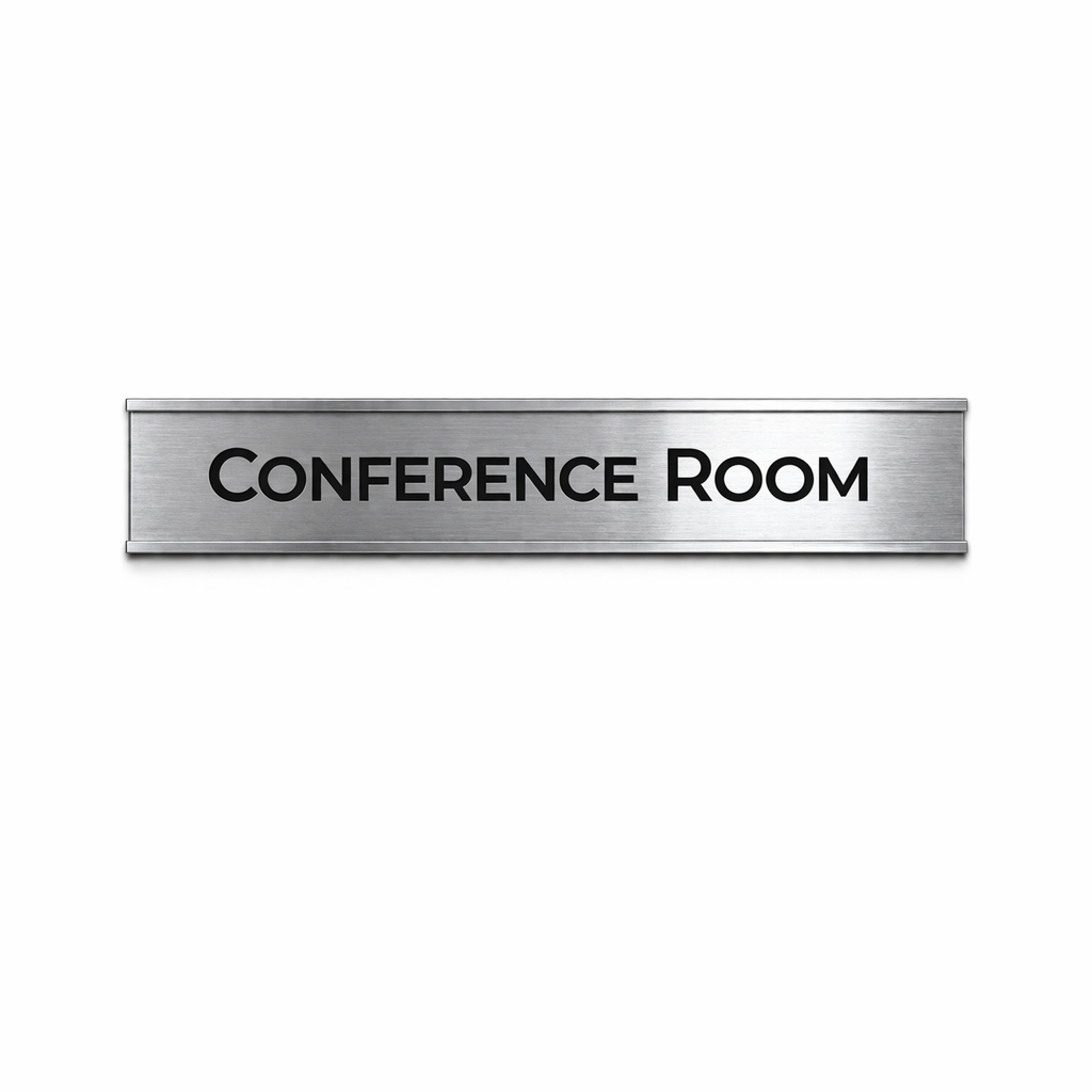 Brushed silver wall holder sign indicating entrance to conference room