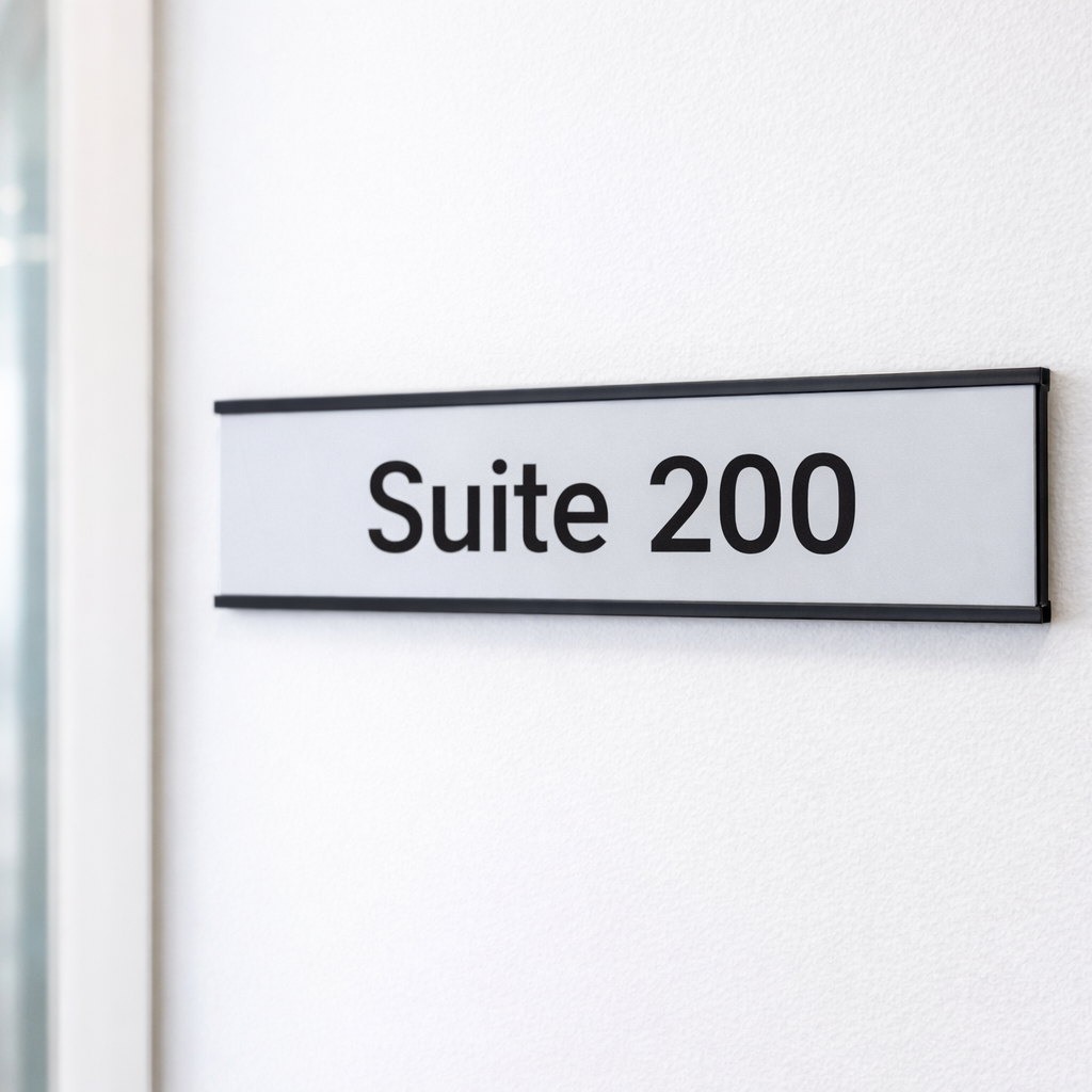 Blurred hallway with a sign indicating Suite 200