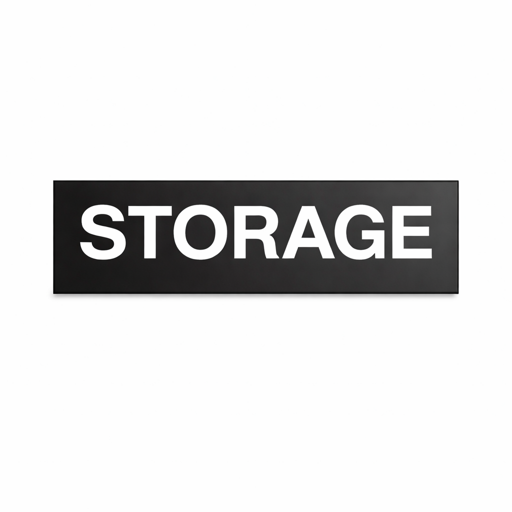 Black signage indicating STORAGE