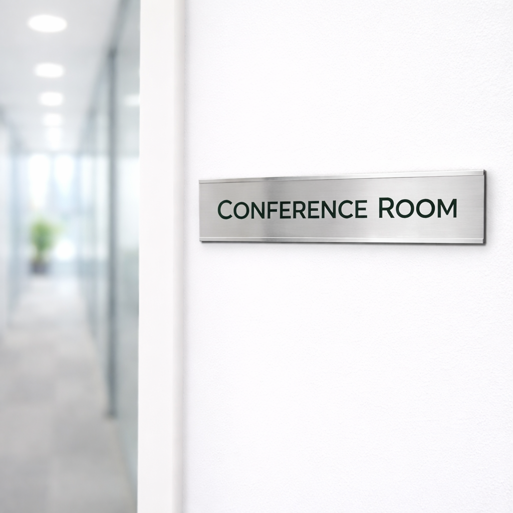 Conference room door with a sign on a blurred office background