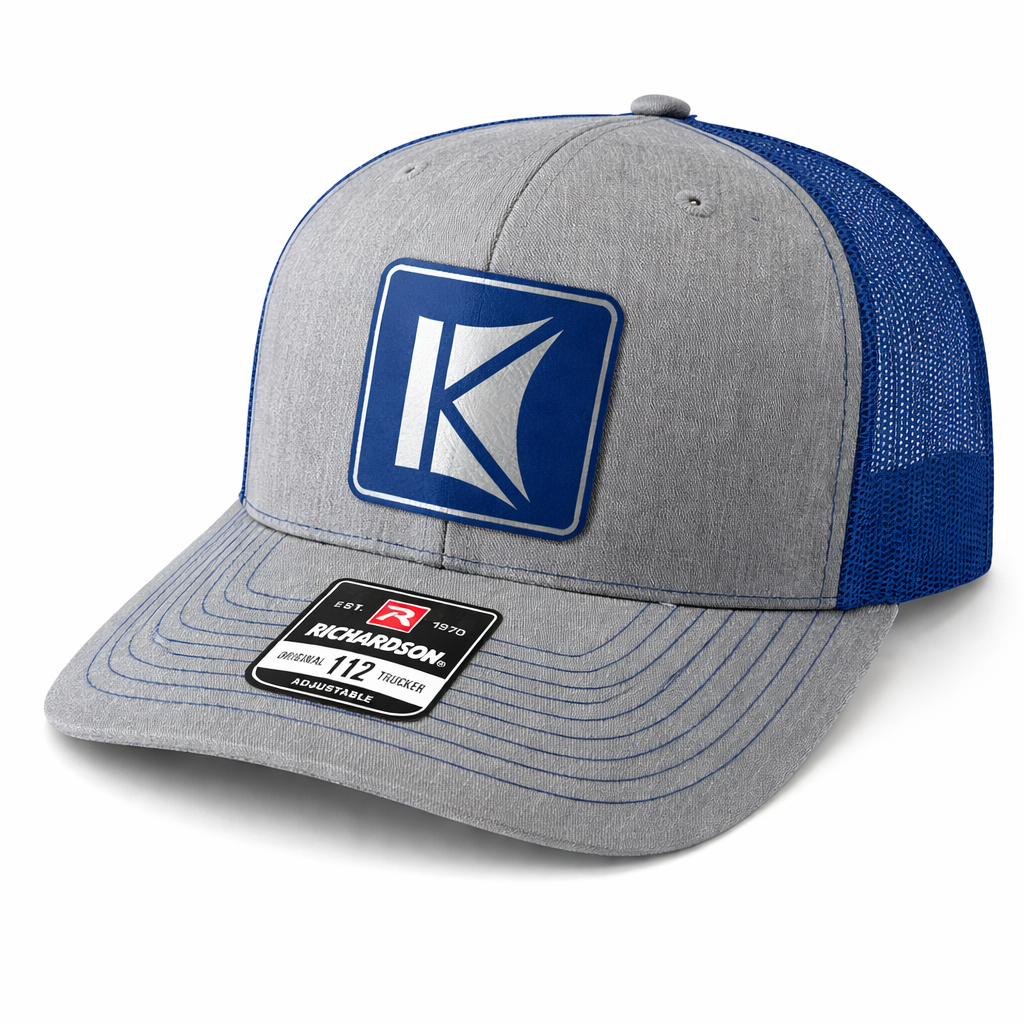 Gray and blue cap with a logo on a white background