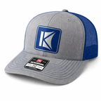 Gray and blue cap with a logo on a white background
