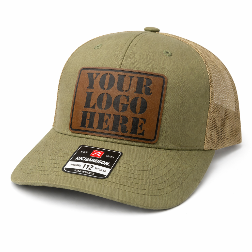 Green trucker cap with brown leather patch and Richardson logo on a white background