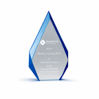 Acrylic award with blue and clear design, featuring text and a logo on a white background
