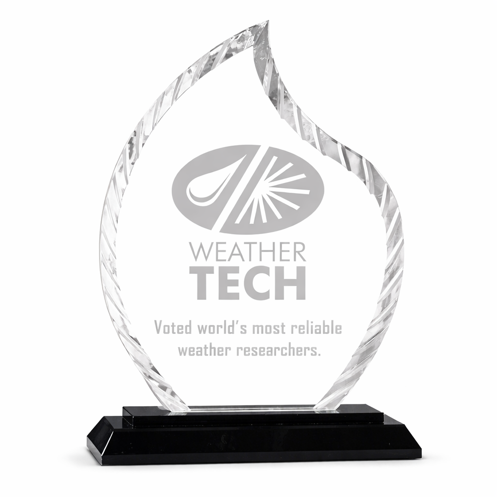 Crystal award with Weather Tech logo and text on a white background