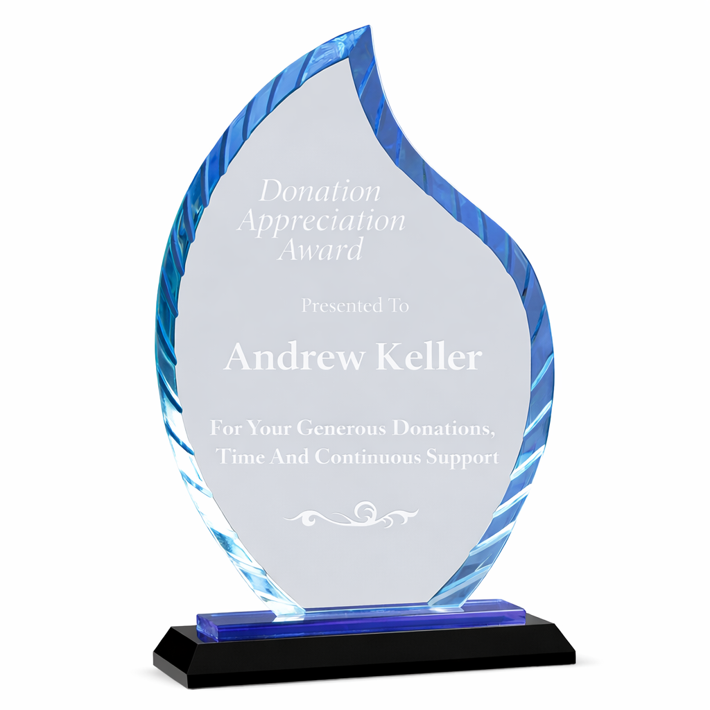 Donation appreciation award with blue and white design on a white background