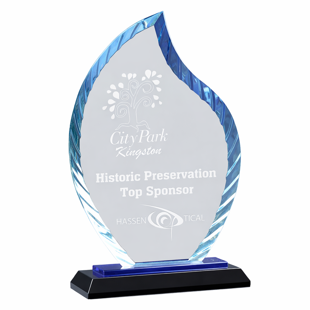 Glass award with blue accents on a white background