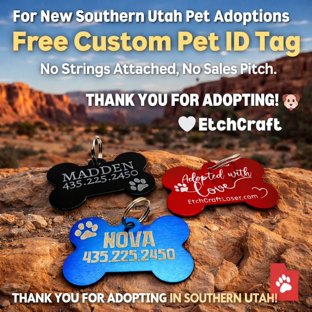 Three custom pet ID tags on a rock with a desert landscape in the background, featuring text about free custom pet ID tags from EtchCraft.