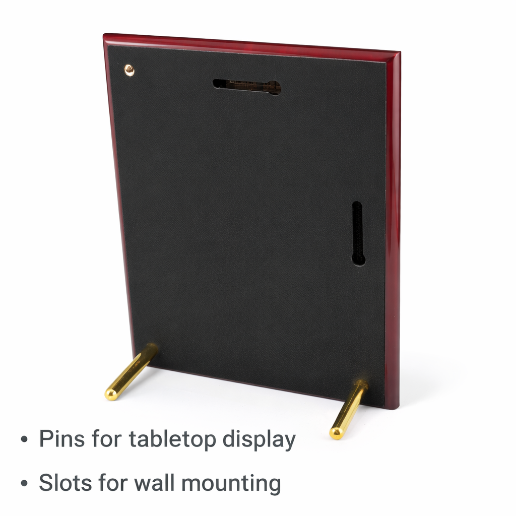 Black display stand with gold legs for tabletop and wall mounting on a white background