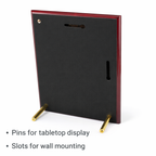Black display stand with gold legs for tabletop and wall mounting on a white background