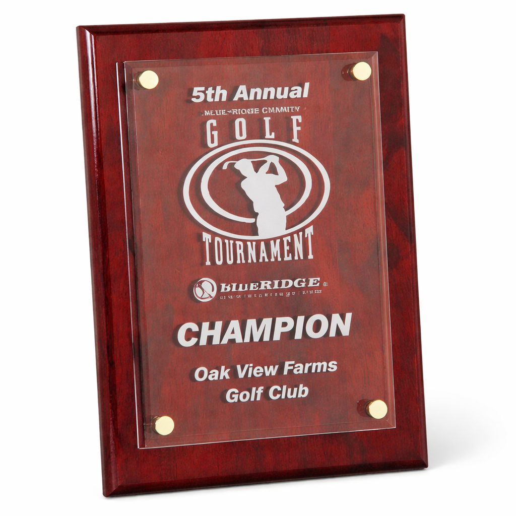 Acrylic plaque for 5th Annual Golf Tournament Champion at Oak View Farms Golf Club