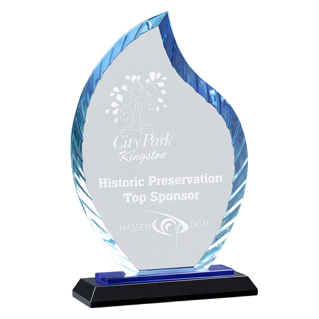 Glass award with blue accents on a white background