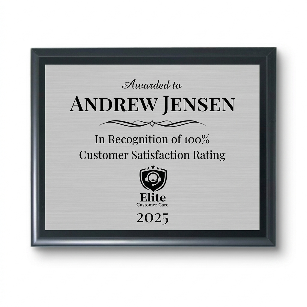 Plaque showing a customer satisfaction award