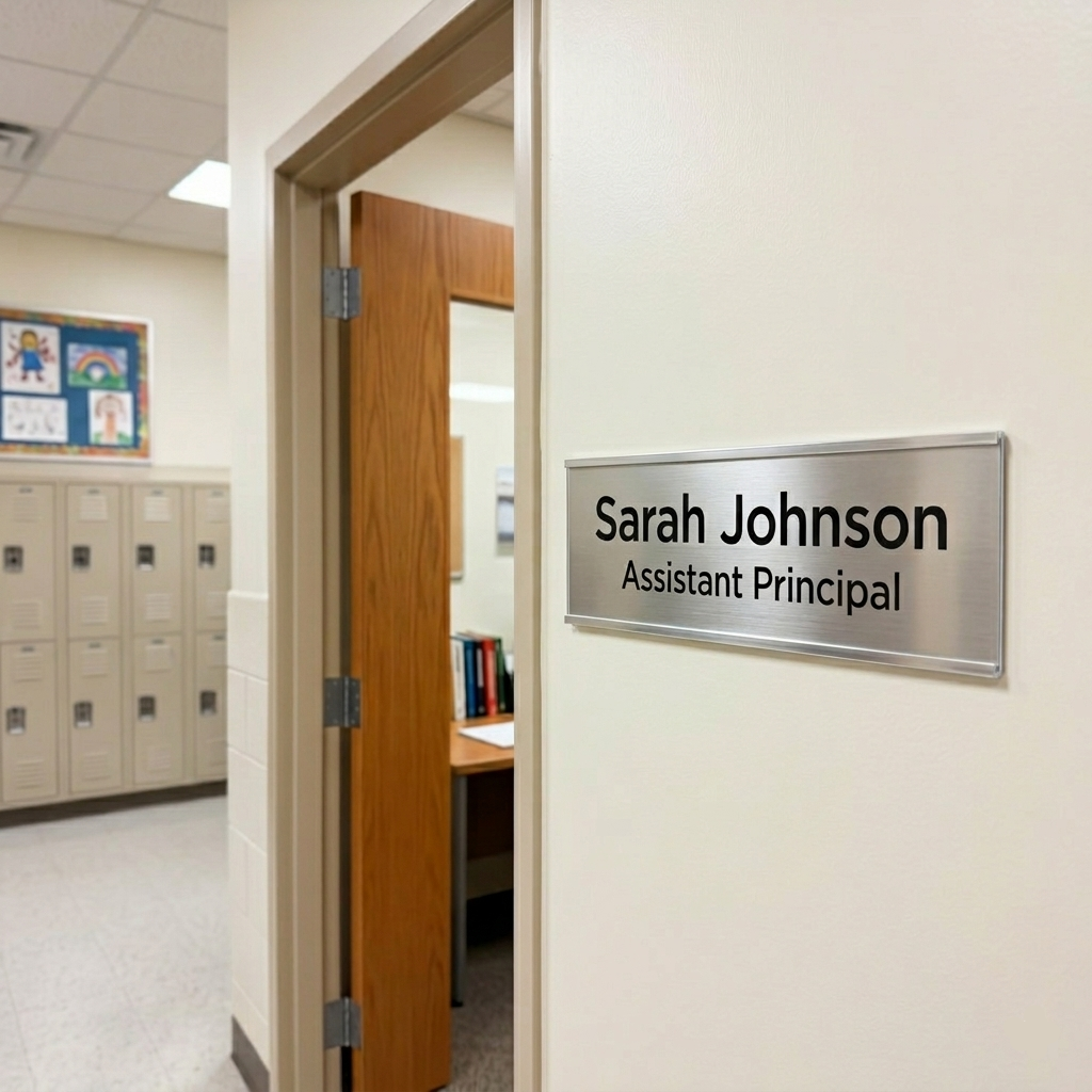 Office door with a nameplate reading 'Sarah Johnson Assistant Principal' in an indoor setting.