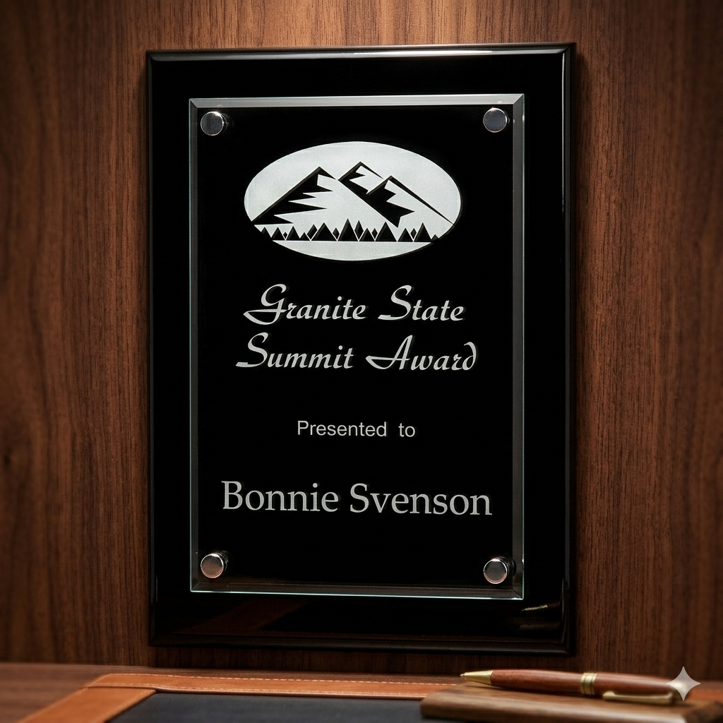 Granite State Summit Award plaque on a wooden surface