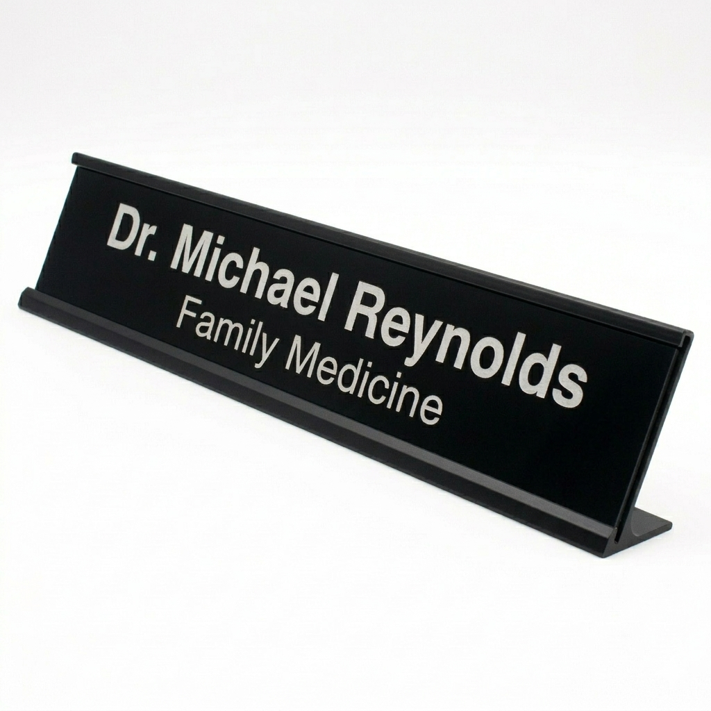 Black nameplate with 'Dr. Michael Reynolds Family Medicine' text on a white background