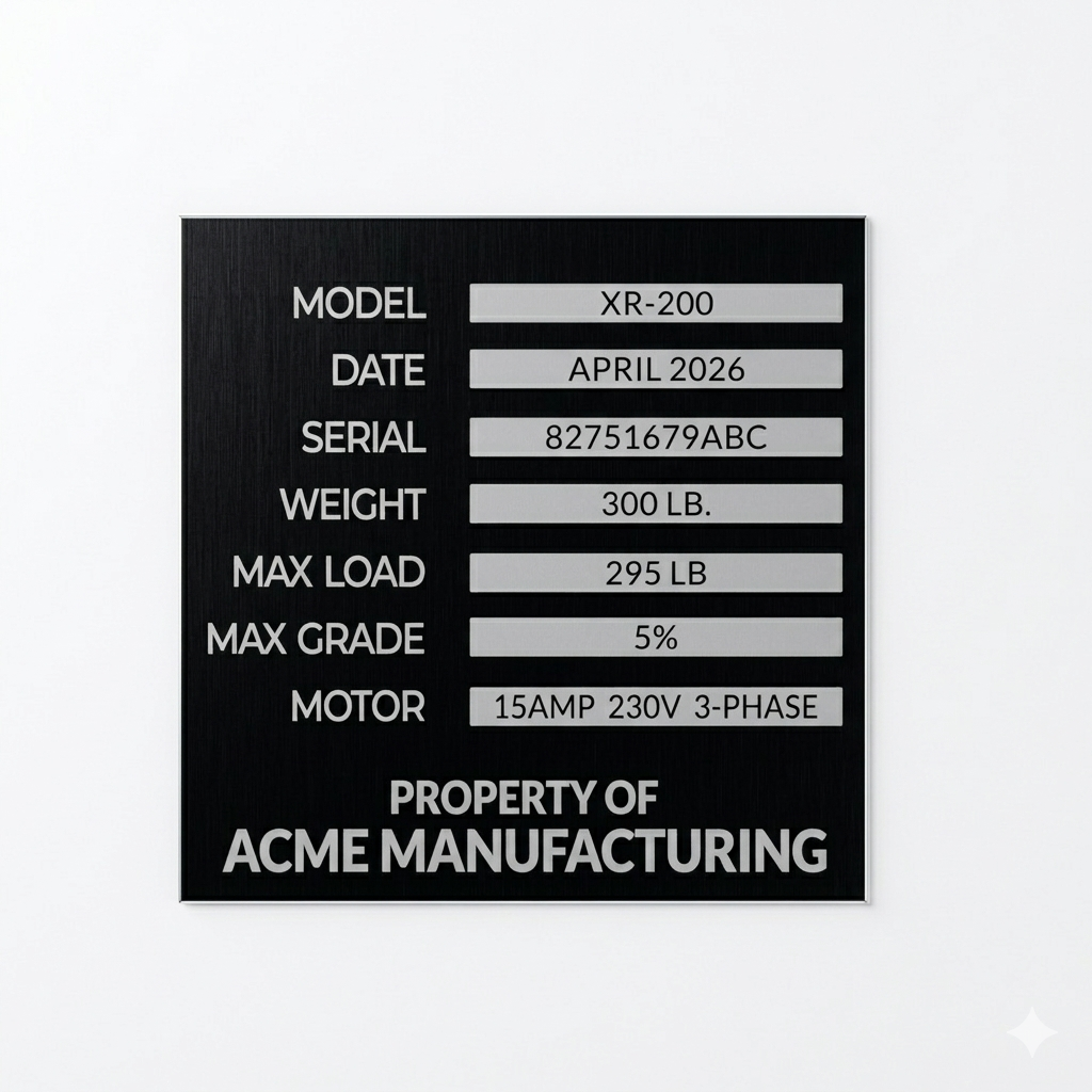Technical specifications label for a machine or equipment, featuring model number, date, serial number, weight, load capacity, grade, and motor details, with 'Property of Acme Manufacturing' at the bottom.