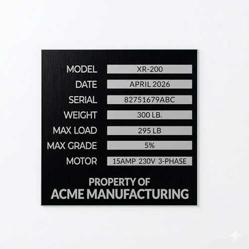 Technical specifications label for a machine or equipment, featuring model number, date, serial number, weight, load capacity, grade, and motor details, with 'Property of Acme Manufacturing' at the bottom.