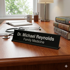 Desk with a stethoscope, books, and a nameplate reading 'Dr. Michael Reynolds Family Medicine' in a professional setting.