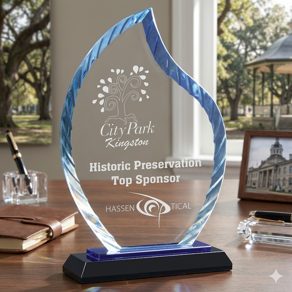 Awards on a wooden table with a scenic background
