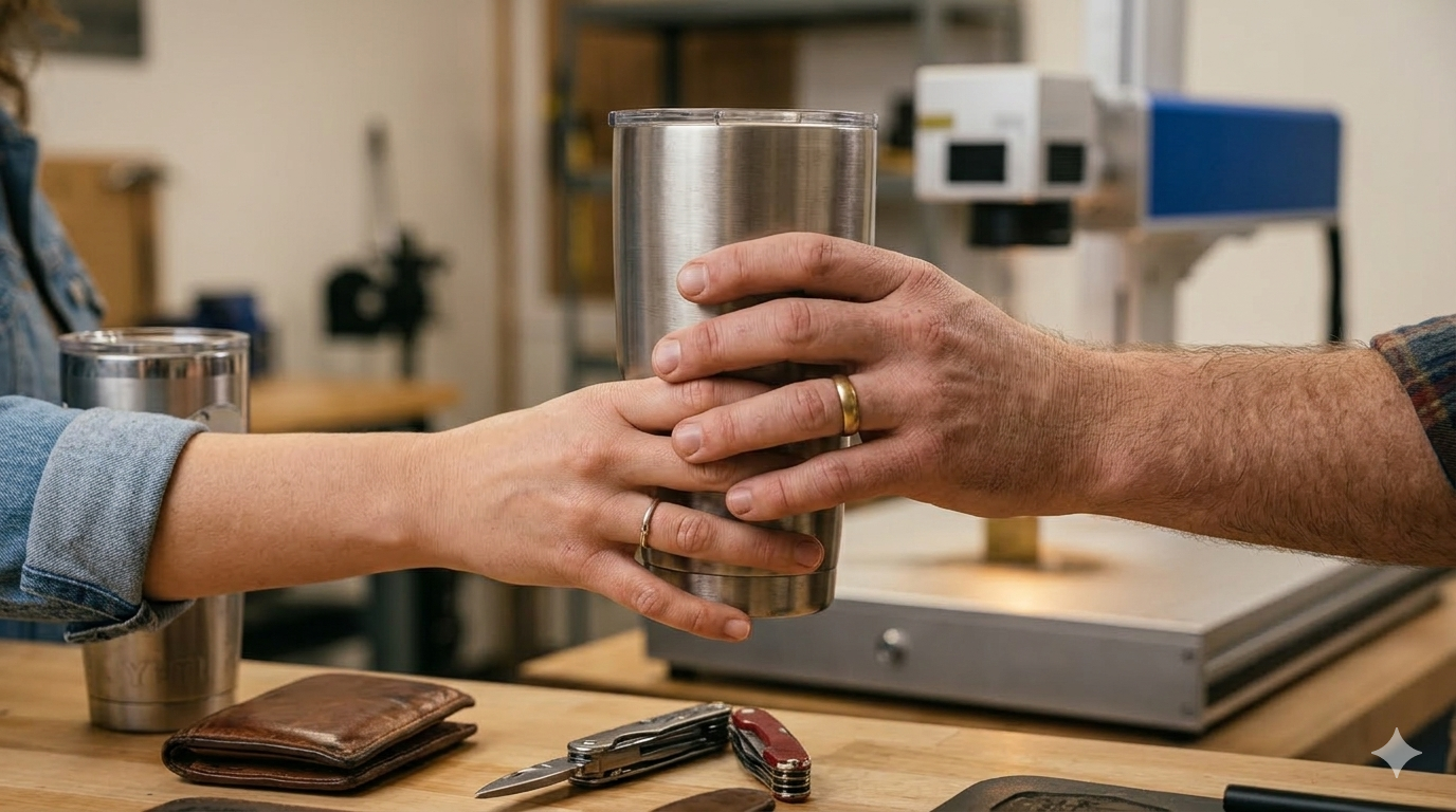 Two hands exchanging a stainless steel tumbler on a wooden surface with a blurred background.