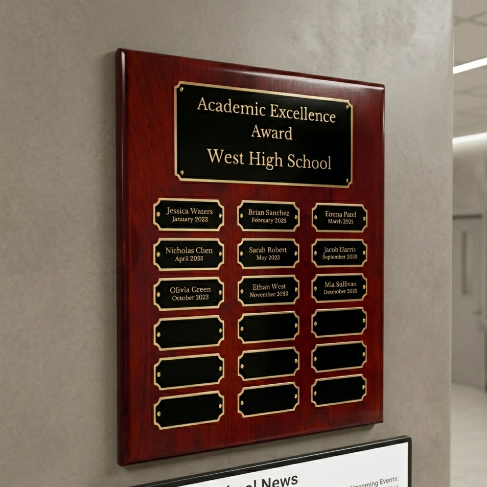 Academic Excellence Award plaque on a wall in a school setting