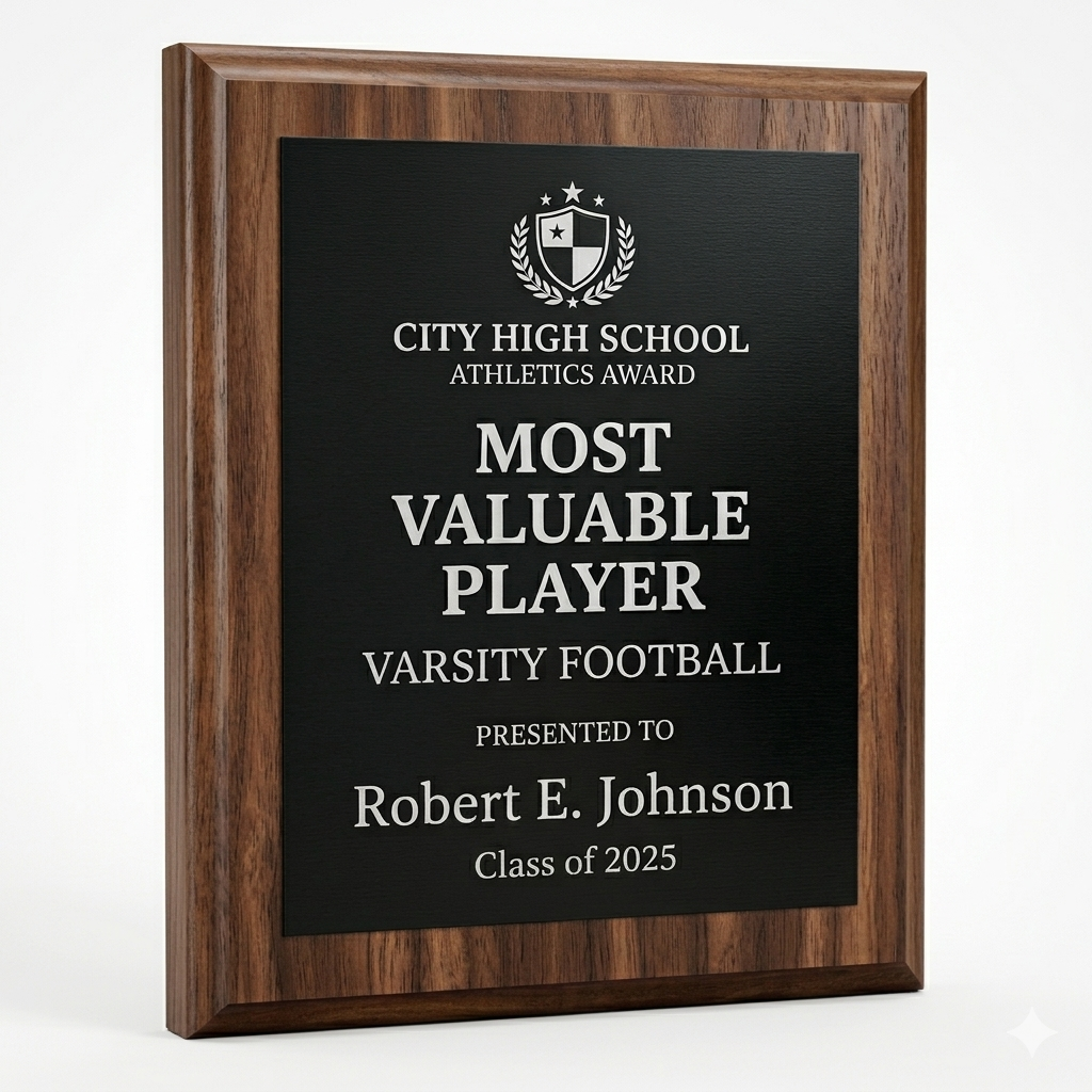 Wooden plaque with 'Most Valuable Player' award for Varsity Football on a white background