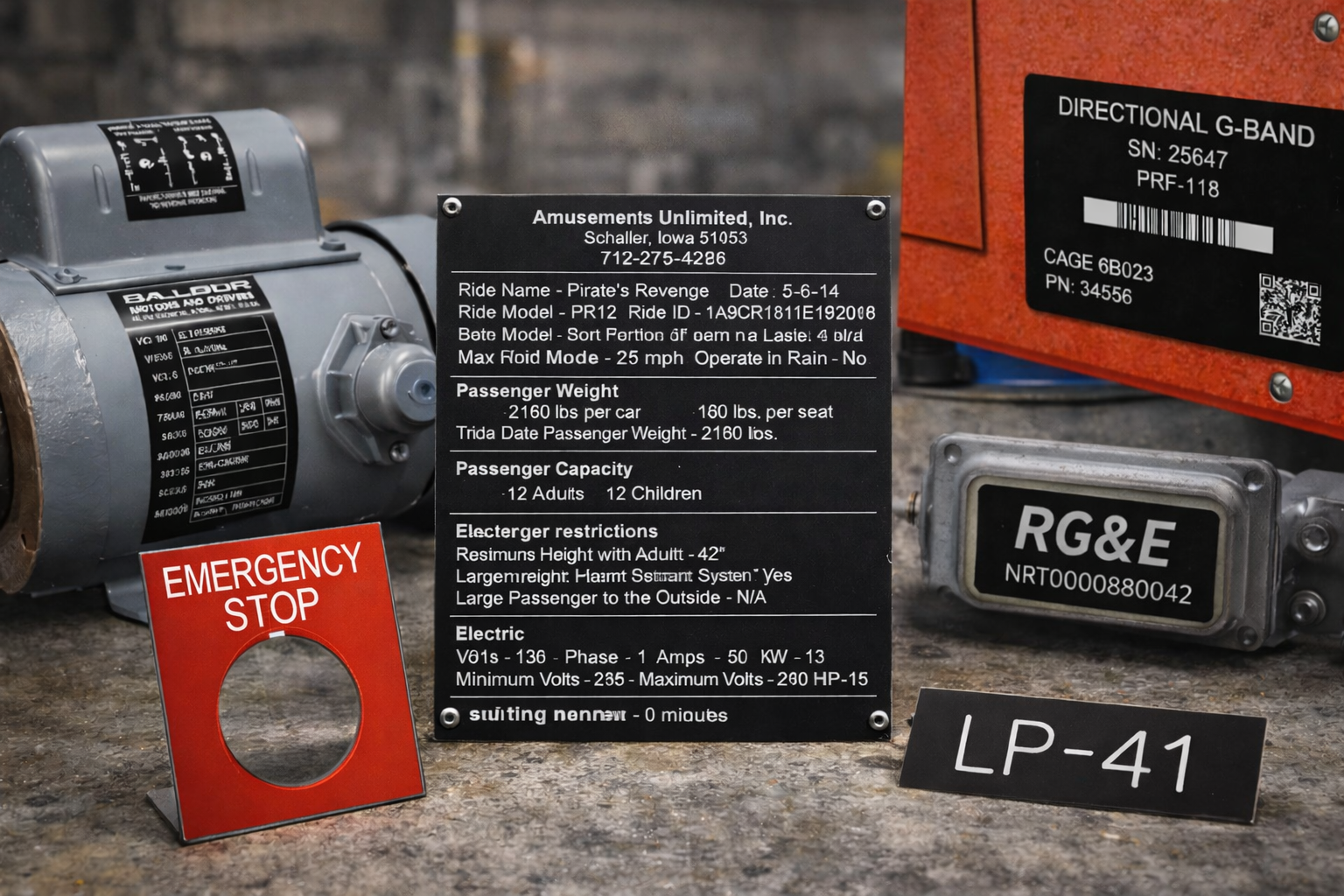 Collection of industrial identification tags, including legend plates and asset tracking and labels