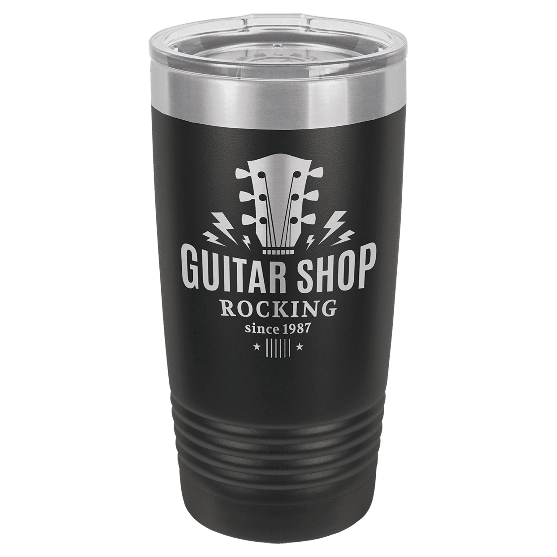 Black tumbler with 'Guitar Shop Rocking since 1987' text and guitar graphic on a clear background