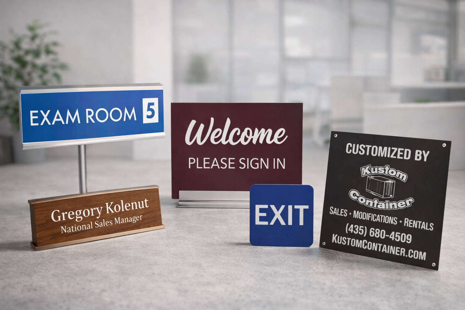 Collection of Business signage for offices on a bright table with bright office-space background