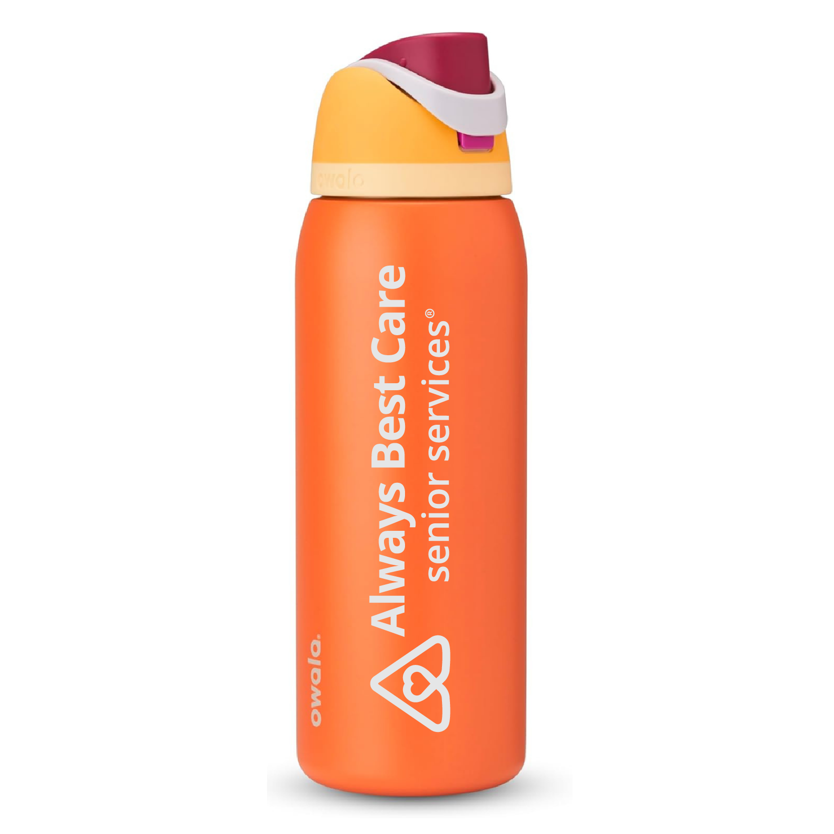 Orange water bottle with 'Always Best Care senior services' branding on a white background