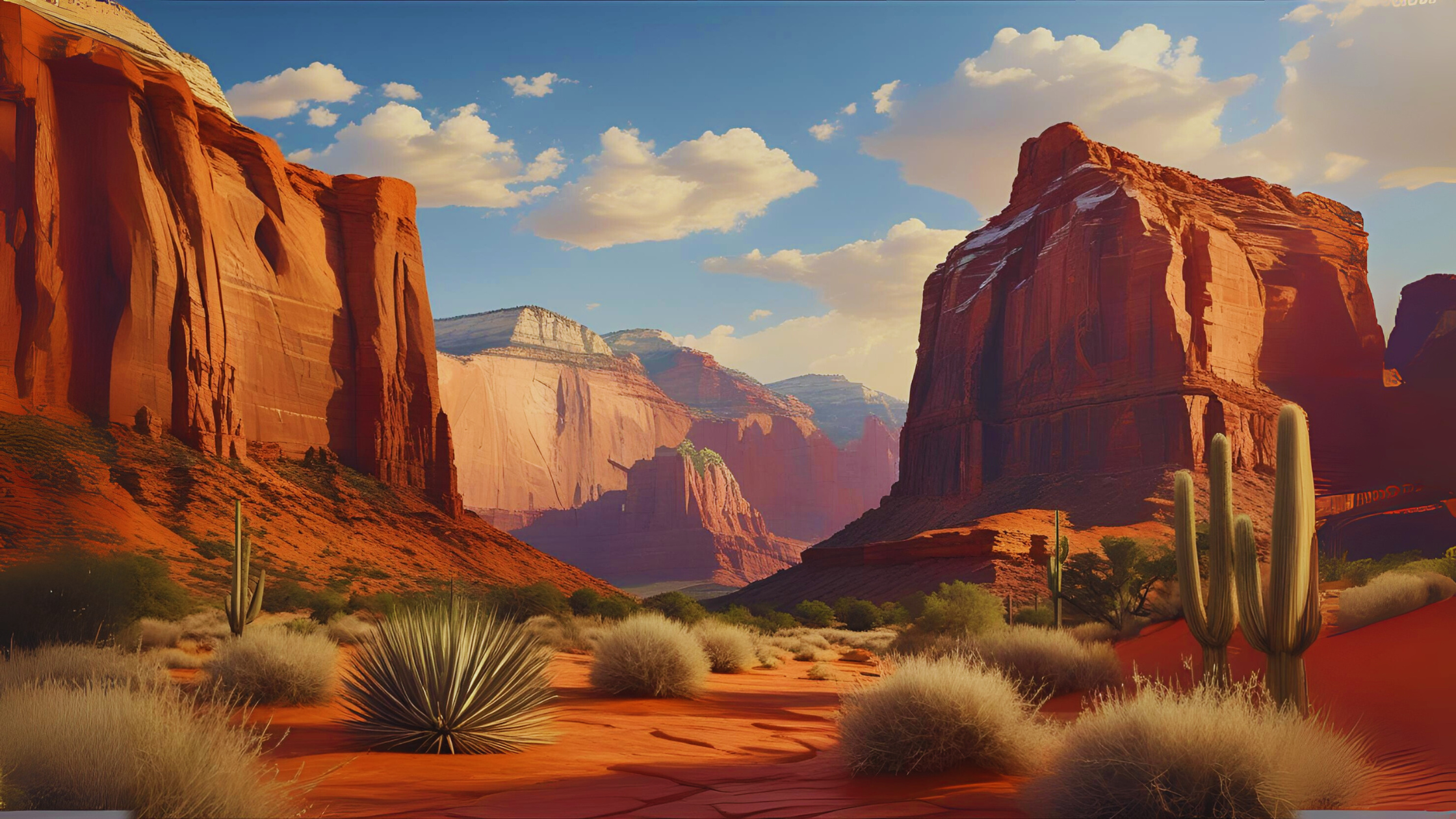 Desert landscape with red rock formations and cacti under a blue sky.